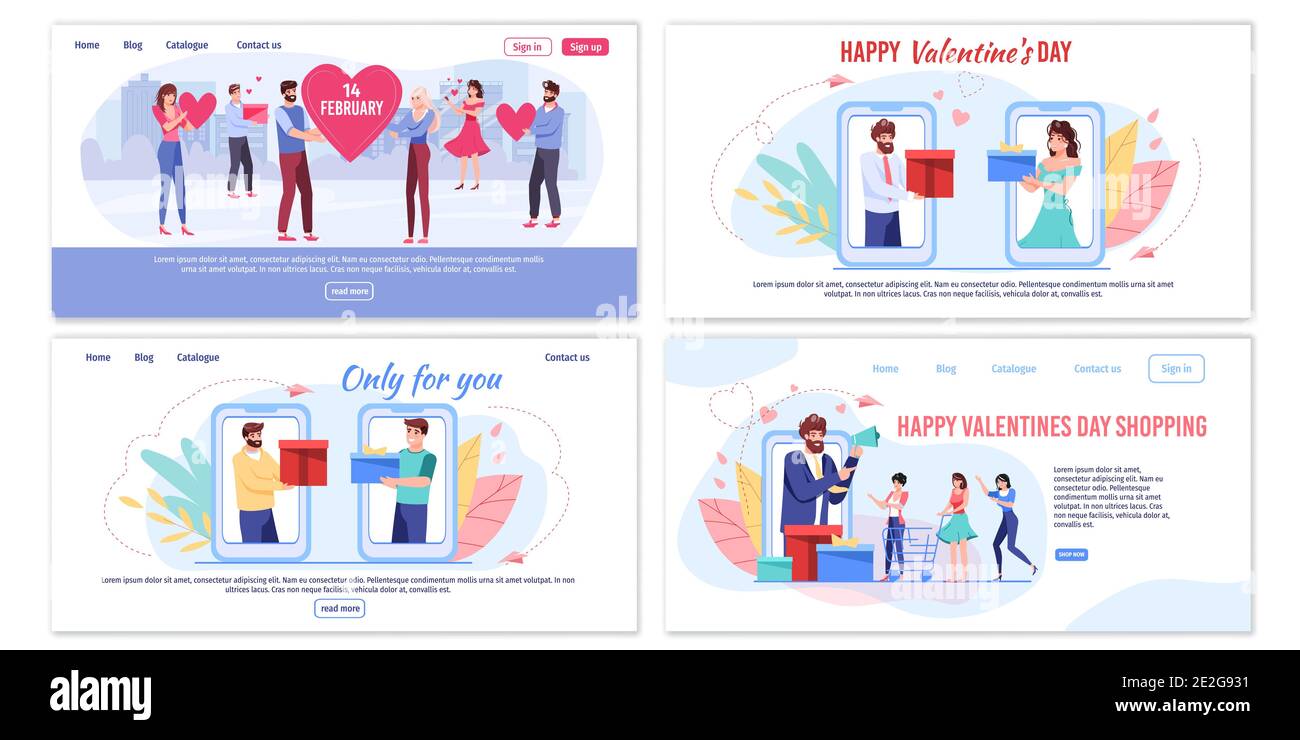 Flat cartoon characters couples,Valentine Day online gift present,greeting card set,vector illustration concept Stock Vector