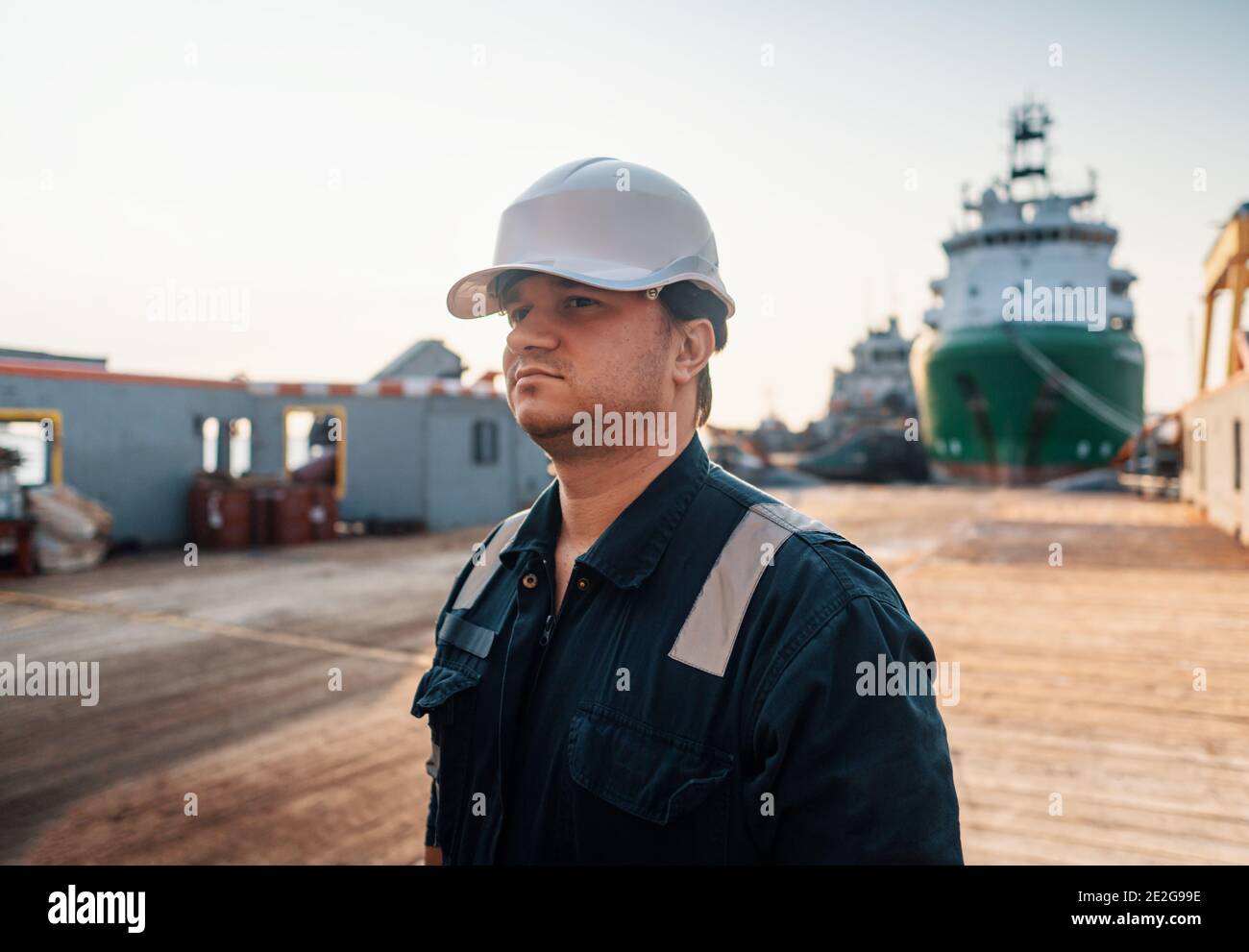 Marine Deck Officer or Chief mate on deck of offshore vessel or ship Stock Photo