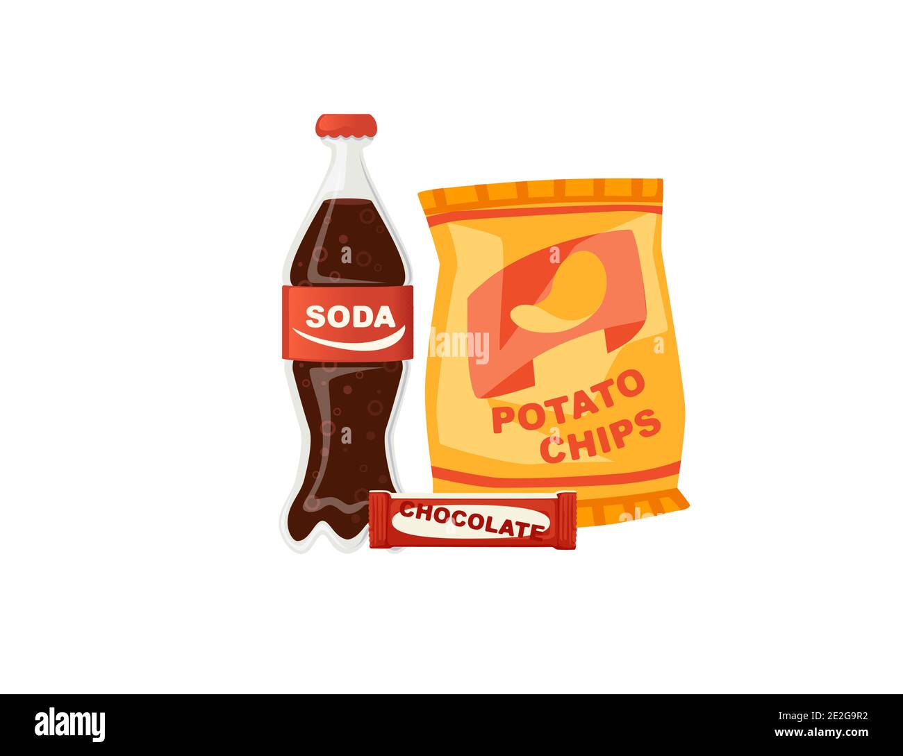 Soda potato chips and chocolate bar snack product set flat vector