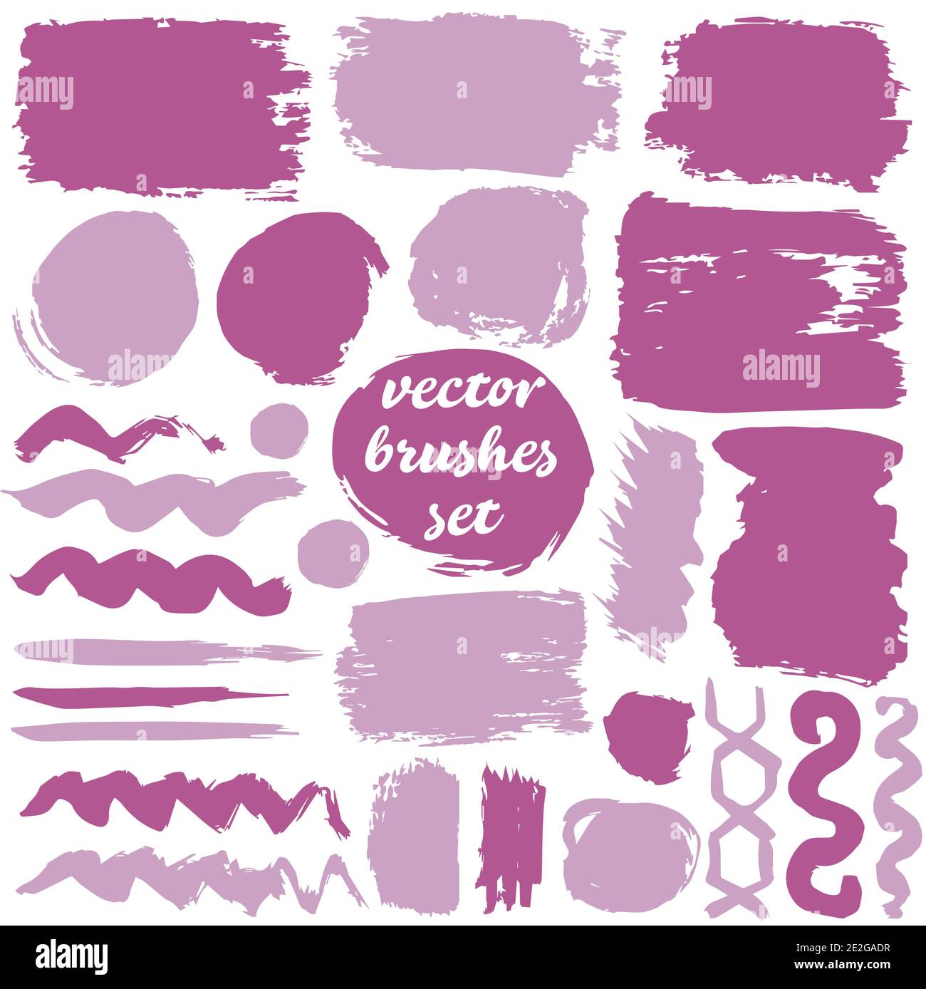 Large set of two-color strokes, brushes, dots, inks, strokes and lines. Isolated. Collection of dirty elements. Violet shades Stock Vector