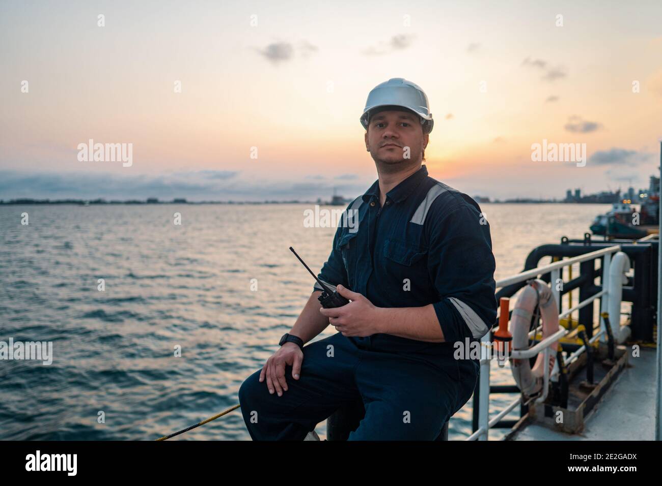 Marine Deck Officer or Chief mate on deck of offshore vessel or ship Stock Photo