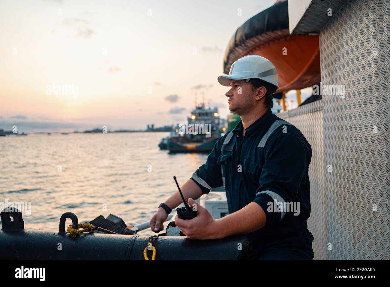 Marine Deck Officer or Chief mate on deck of offshore vessel or ship Stock Photo