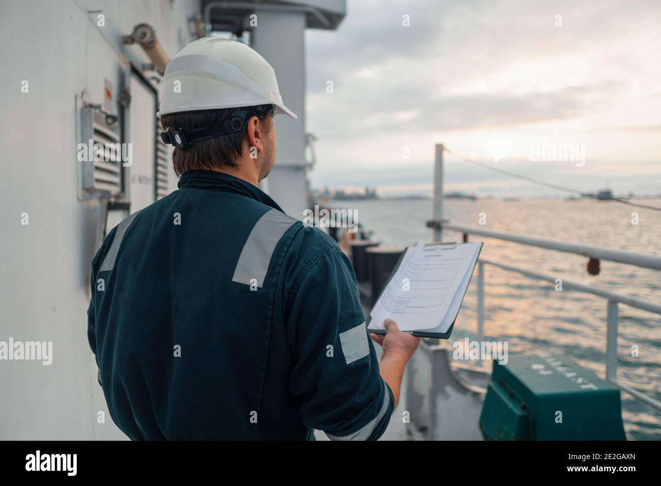 Marine Deck Officer or Chief mate on deck of offshore vessel or ship Stock Photo