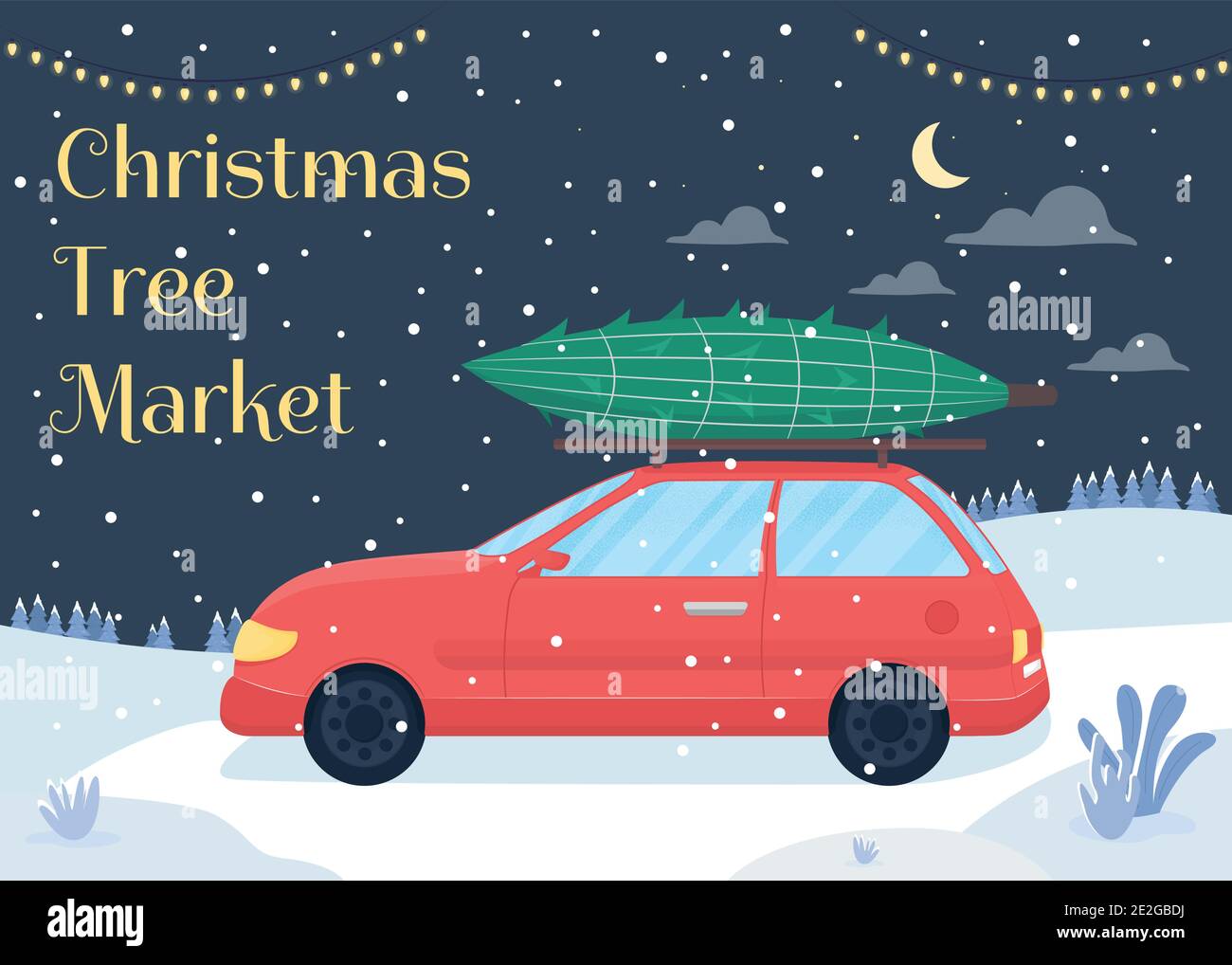 Christmas tree market poster flat vector template Stock Vector