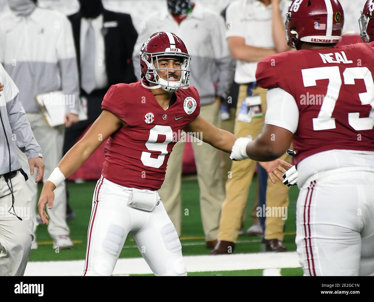 January 1, 2021 Arlington, TX.Alabama Crimson Tide freshman back-up quarterback (9) Bryce Young who did not play versus the Notre Dame fighting irish at AT&T Stadium on January 1, 2021. The Crimson Tide beat the Notre Dame fighting Irish 31-14 at the Rose Bowl Game, in Arlington, TX. (Absolute Complete Photographer & Company Credit: Jose/MarinMedia.org/Cal Sport Media) (Network Television please contact your Sales Representative for Television usage.) (Television news usage must over-burn ''MarinMedia'' on the top right corner of the screen to use on television) Stock Photo