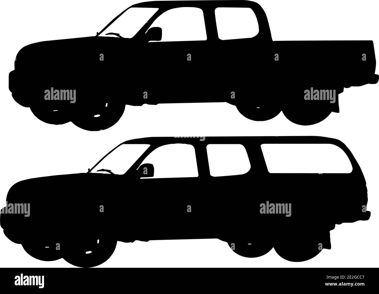 two pick up truck silhouettes in black on white background, vector graphic Stock Vector