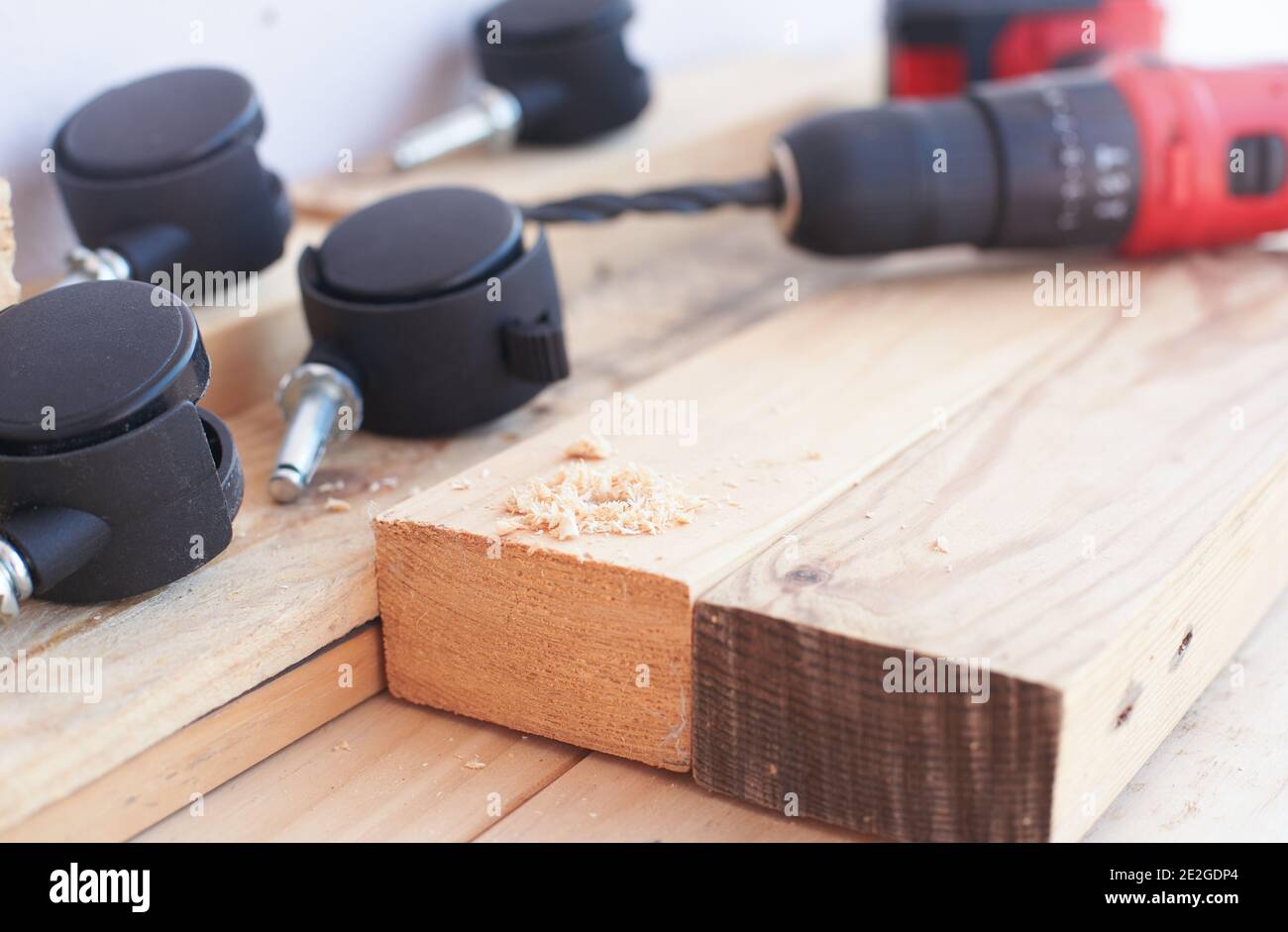 DIY woodwork with the electric drill Stock Photo