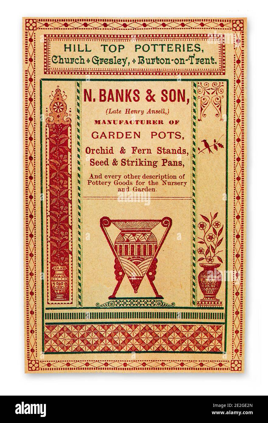 A trade advertisement for garden pots and ceramics  from Hill Top Potteries during the Victorian craze for ferns and orchids Stock Photo