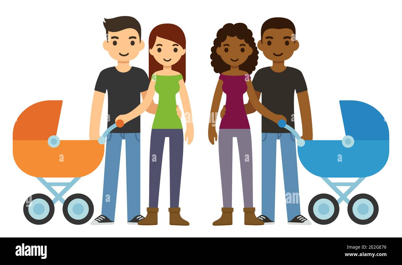 Cute cartoon young couples, caucasian and black, with baby stroller. Isolated vector clip art illustration. Stock Vector