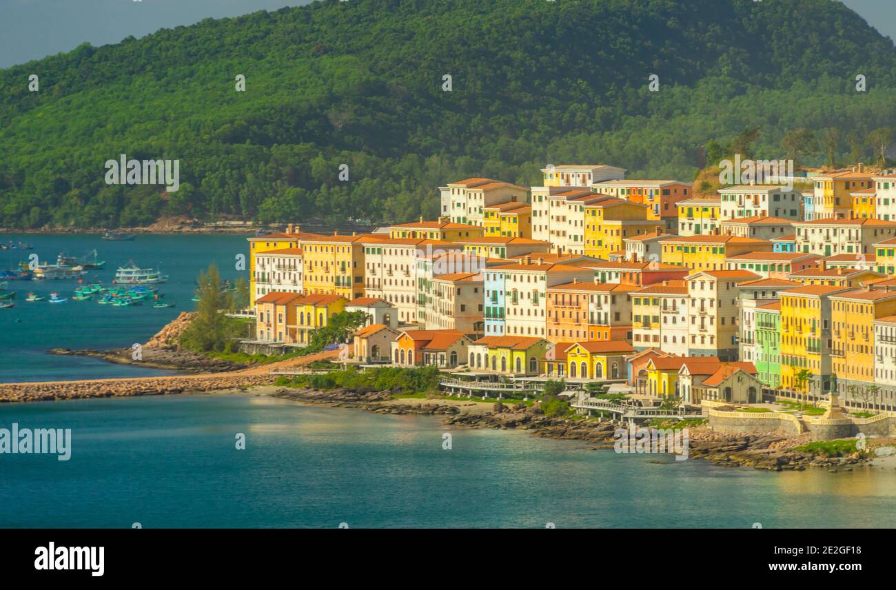 Aerial view of Phu Quoc city with beautiful houses, buildings and coast