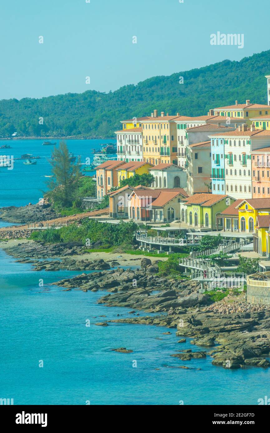 Aerial view of Phu Quoc city with beautiful houses, buildings and coast