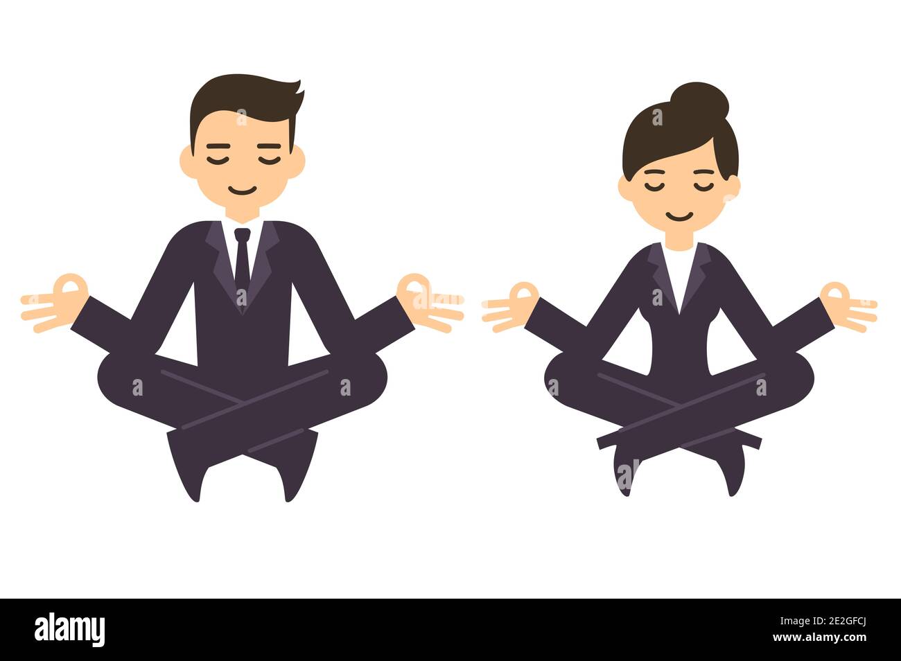 Cartoon businessman and woman in formal suits meditating in lotus pose. Isolated vector clip art illustration. Stock Vector