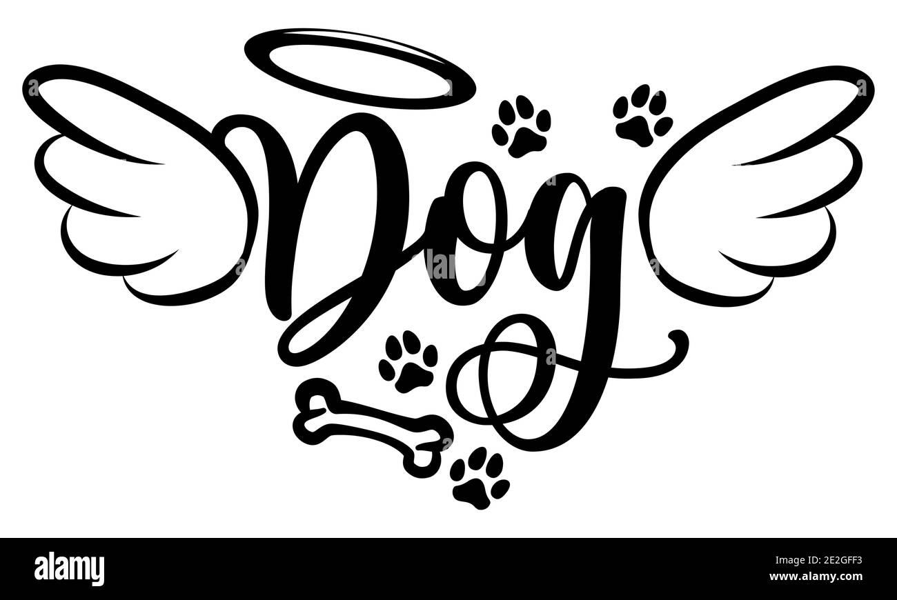 Dog angel with wings, gloria, bone and footprints, paws. - Hand drawn positive tattoo. Modern brush design. Memory ink. Love your dog. Inspirational v Stock Vector