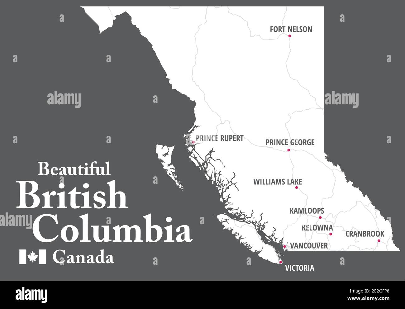 Beautiful British Columbia Map. Canada. White shape of BC province with highways and tourist destinations marked. Touristic guide. Stock Vector