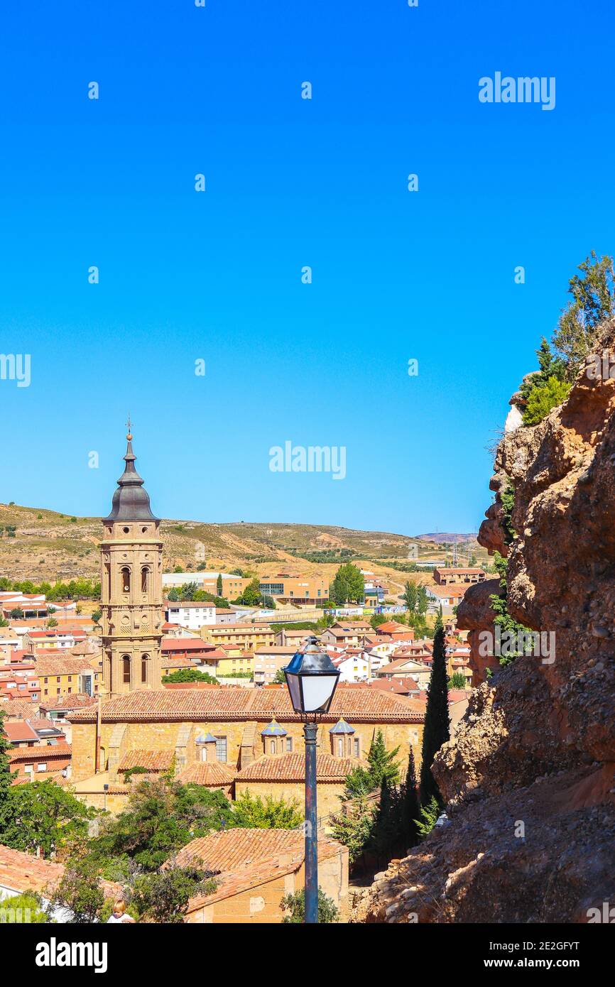Vertical shot of the town in Alcorisa, Aragon in Spain on a clear blue ...