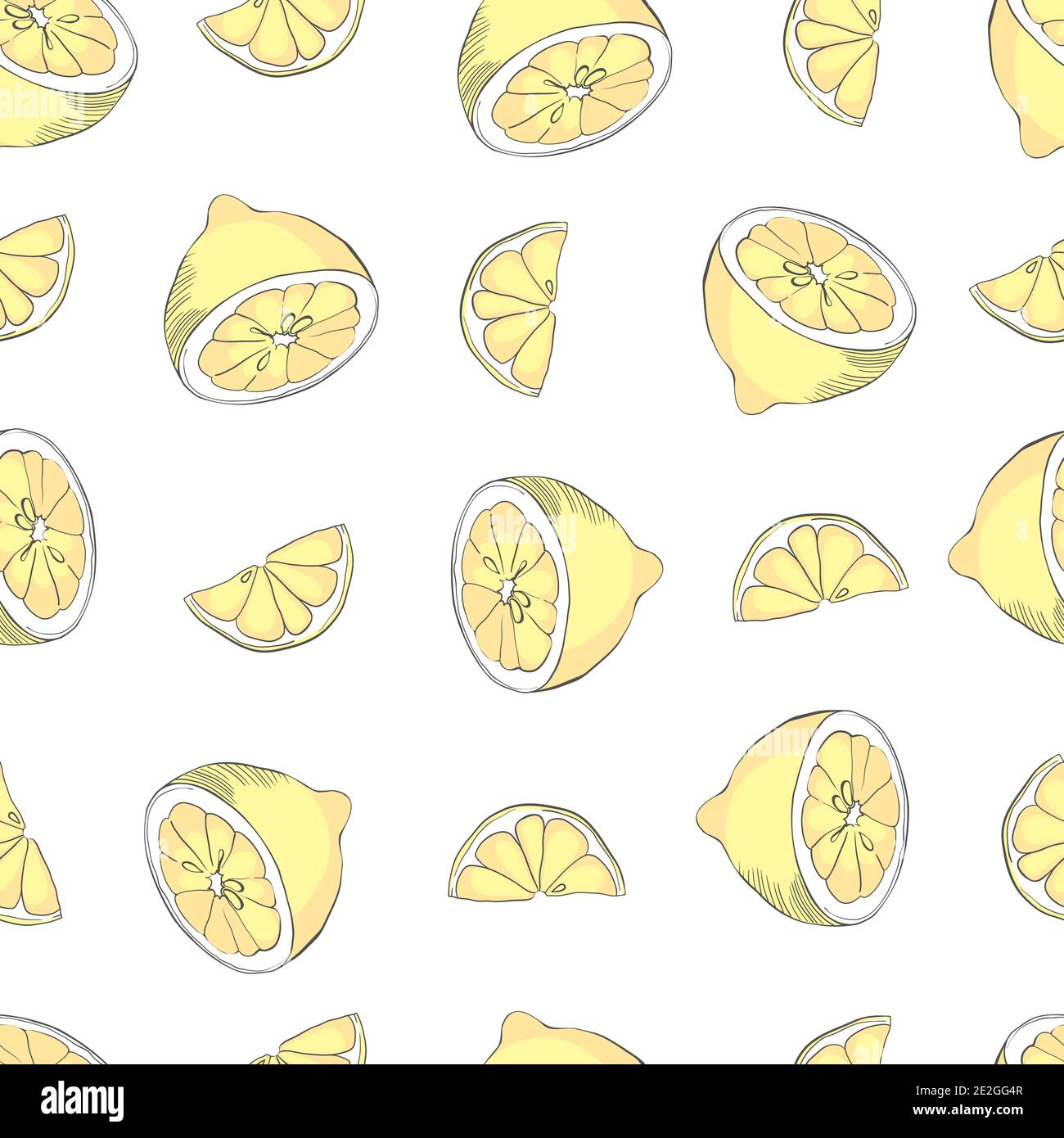 seamless pattern with lemons on the white background. Vector illustration. Hand drawn background. Stock Vector