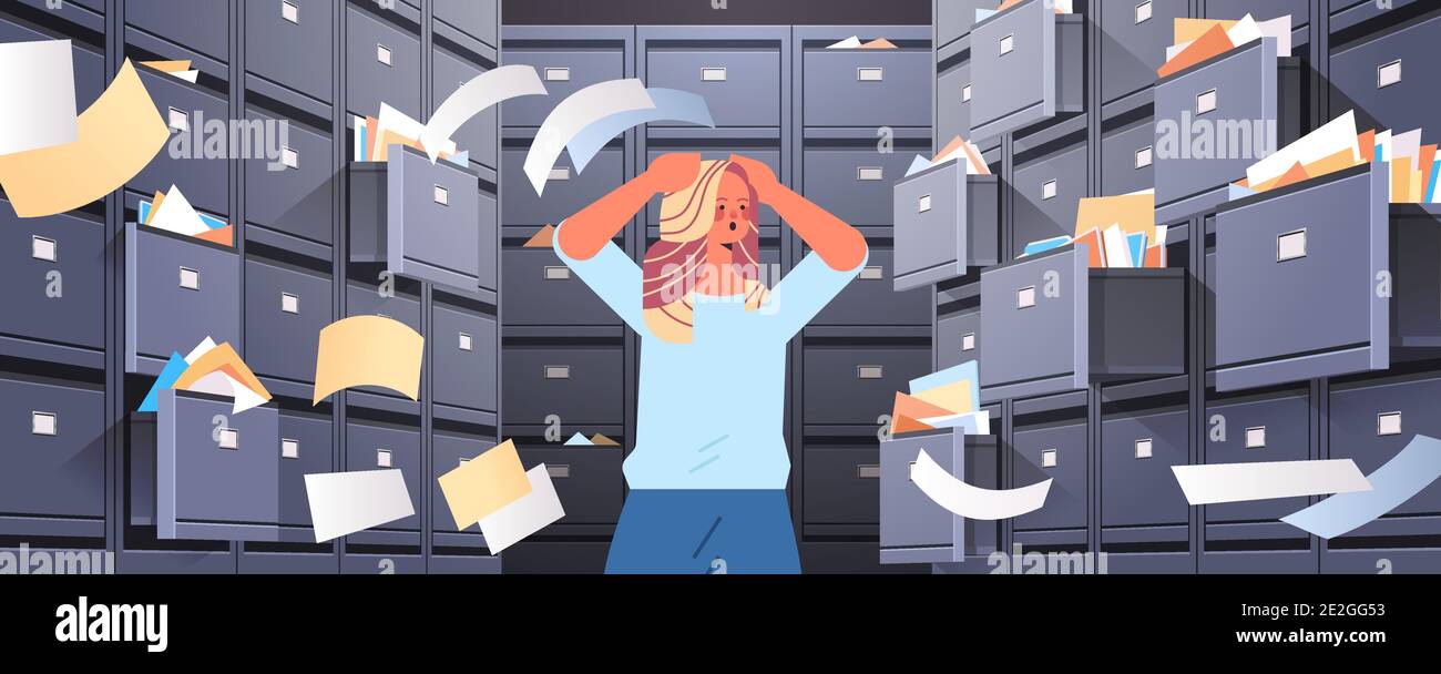 overworked businesswoman searching documents in filing wall cabinet with open drawers data archive storage business administration paper work concept horizontal portrait vector illustration Stock Vector