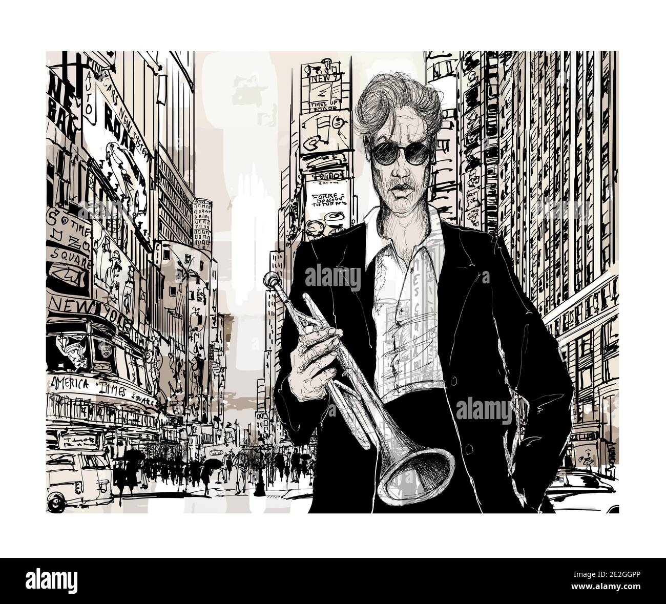Jazz musician holding a trumpet in New York - vector illustration Stock Vector