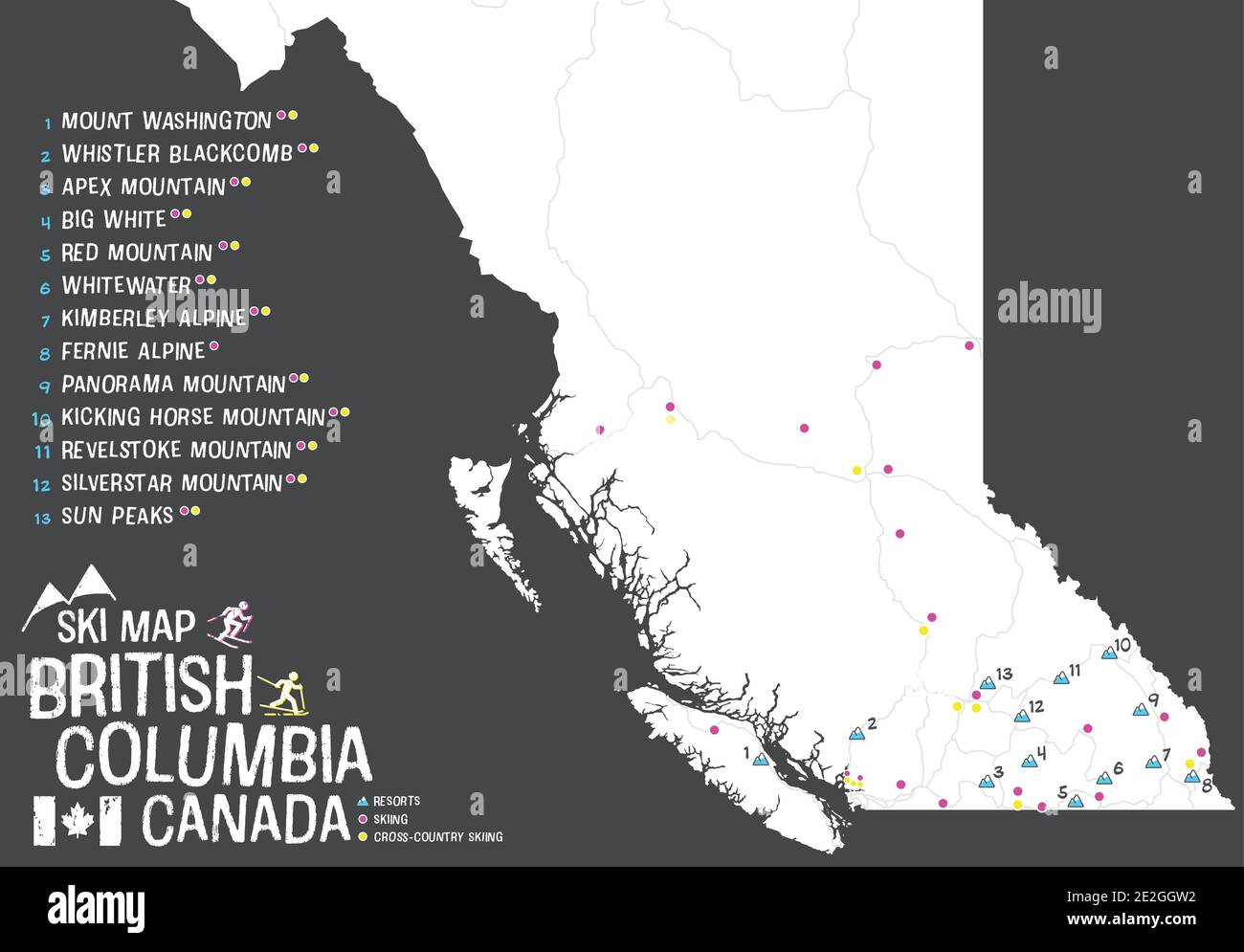 Ski map of British Columbia, Canada. BC Map with icons for winter resorts, skiing and cross-country skiing. Winter tourist ski guide or information. Stock Vector