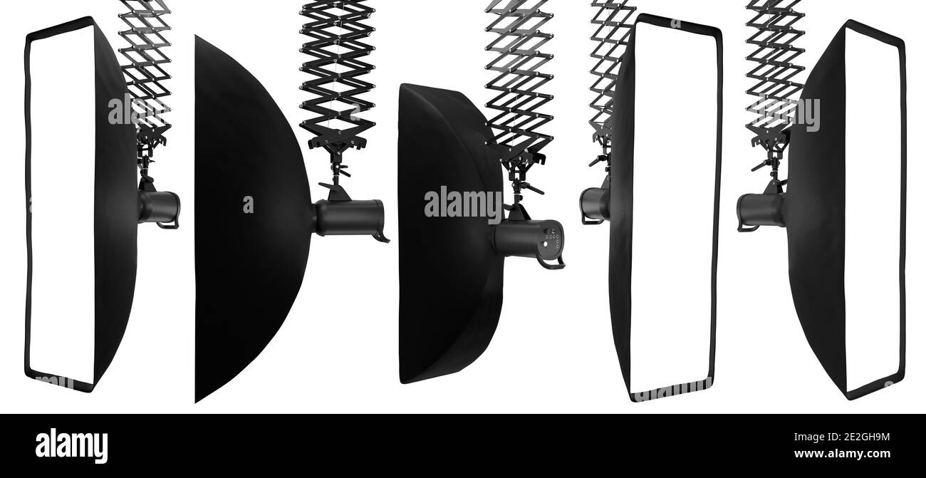 Photography studio flash on ceiling pantograph with sofbox isolated on