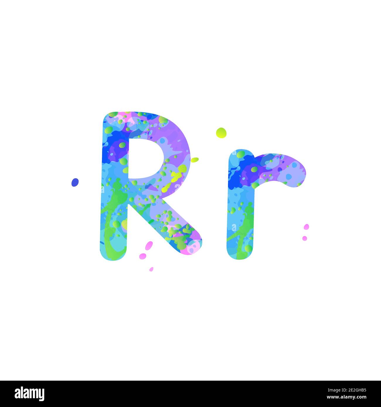 Letters R uppercase and lowercase with effect of liquid spots of paint in blue, green, pink colors, isolated on white background. Decoration element for design of a flyer, poster, cover, title. Vector Stock Vector