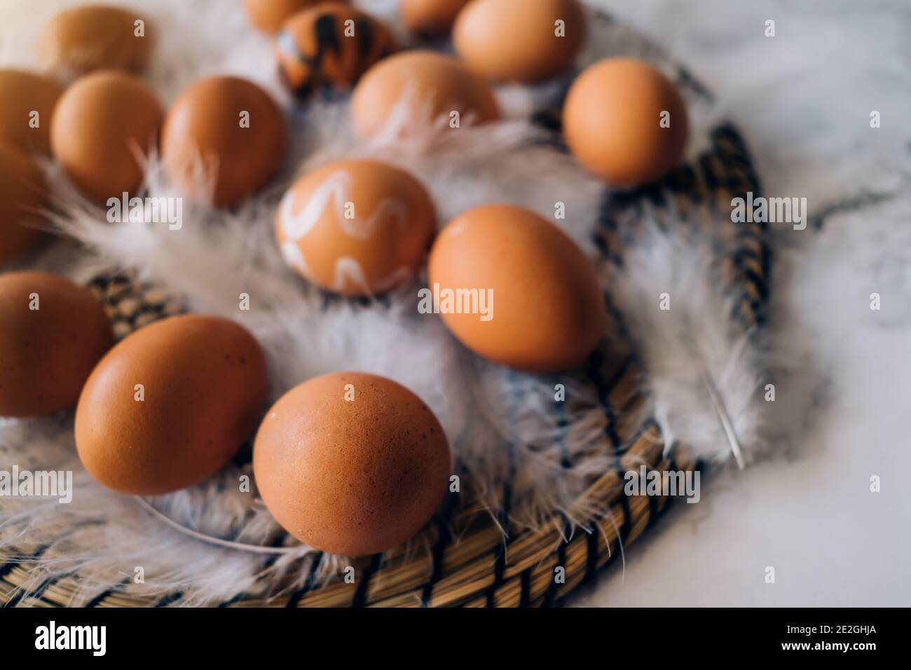 Easter eggs on the table closeup. decorations for holiday. Stock Photo