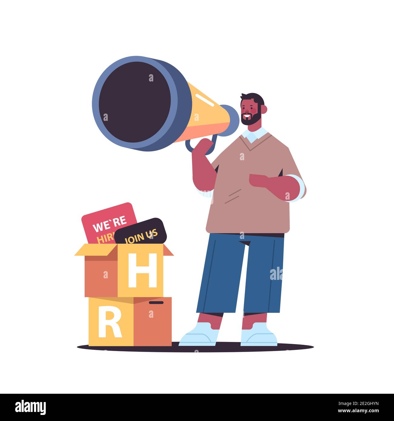 african american businessman manager holding loudspeaker we are hiring join us vacancy open recruitment HR industry concept full length vector illustration Stock Vector
