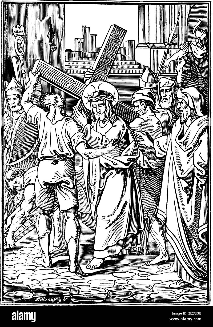 2nd or Second Station of the Cross or Way of the Cross or Via Crucis. Jesus carries His cross.Bible,New Testament. Antique vintage biblical religious engraving or drawing. Stock Vector