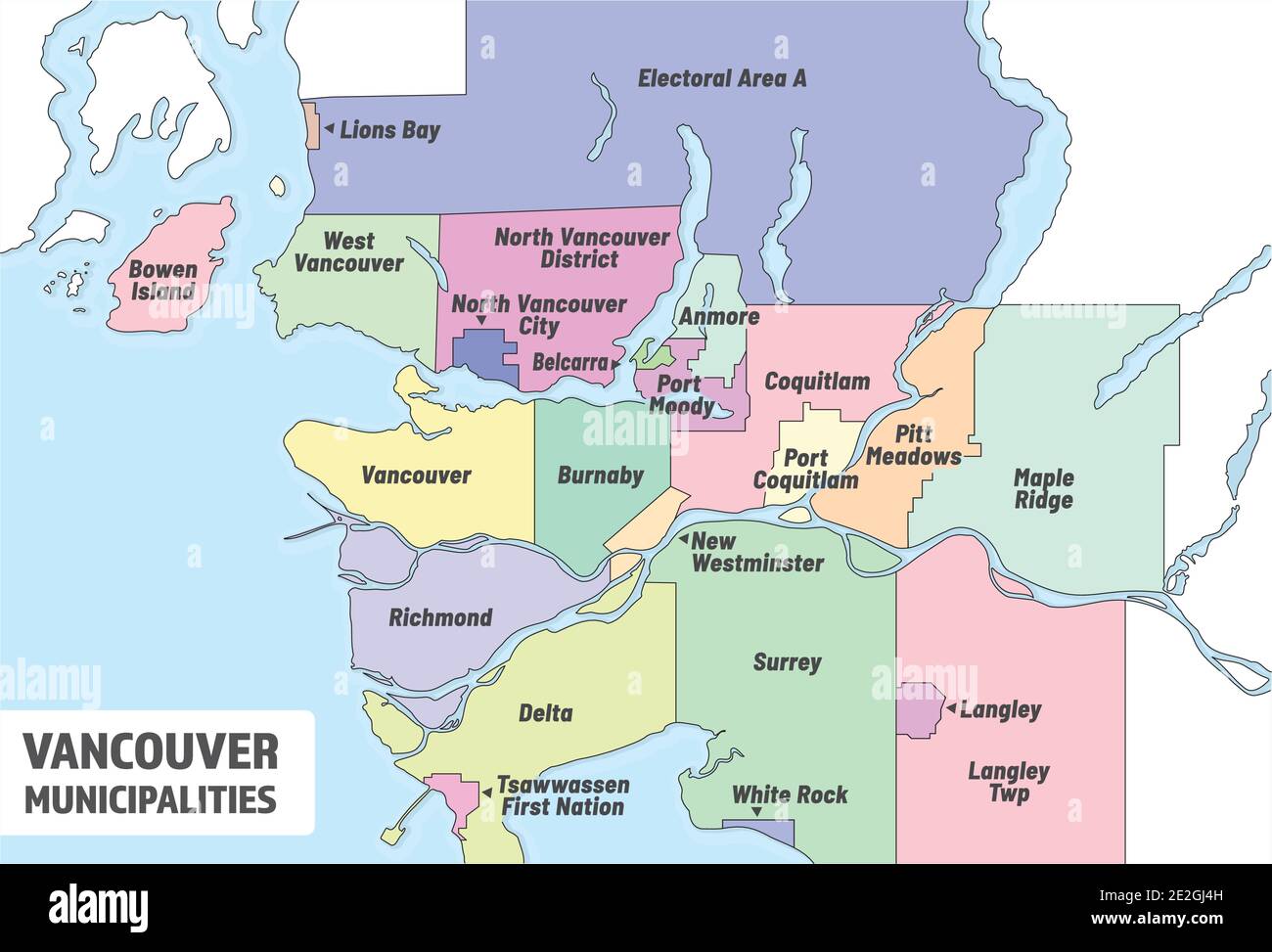 Greater Vancouver municipalities map. Administrative map of metro Vancouver with all cities and regions planning and delivering regional Gouvernement. Stock Vector