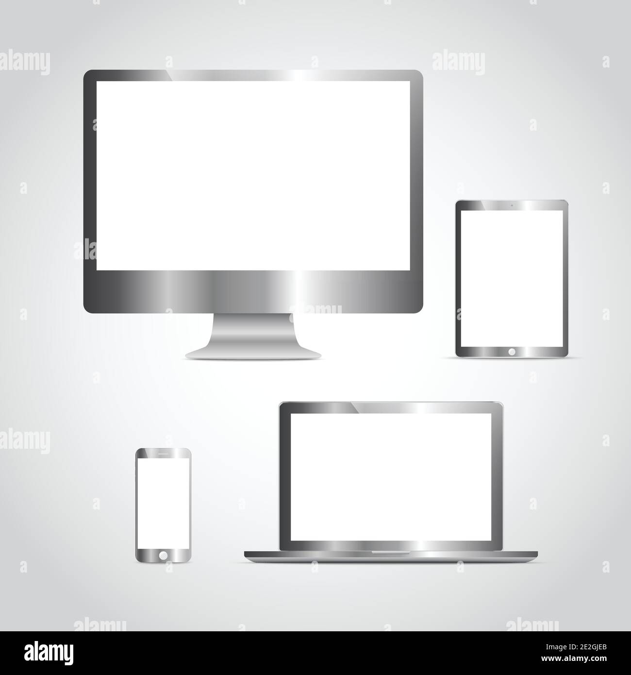 Set of realistic computer monitor, laptop, tablet and mobile phone with isolated on transparent screen. Various modern electronic gadget on background Stock Vector
