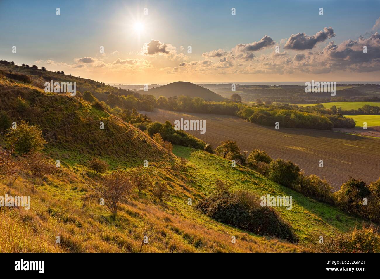 A view from the Kent Downs near Folkestone towards the iconic shape of Summerhouse Hill. Stock Photo