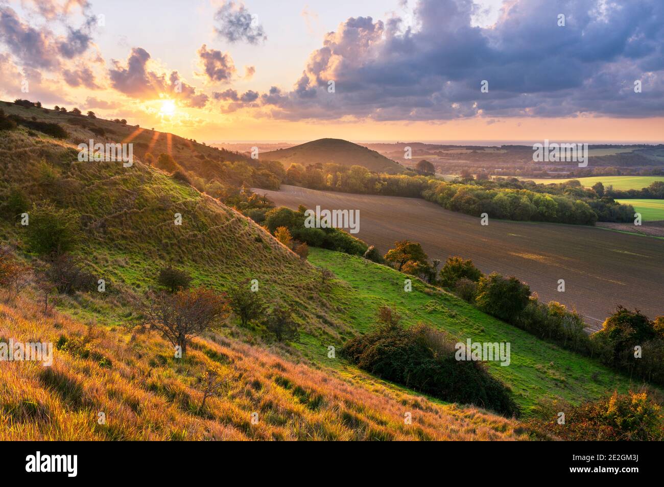 A view from the Kent Downs near Folkestone towards the iconic shape of Summerhouse Hill. Stock Photo