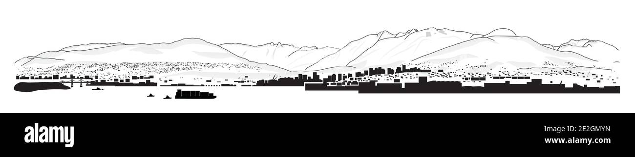 North shore mountains. Panorama illustration or drawing of local mountains and peak in Vancouver BC, Canada. View of lions gate bridge and harbor. Stock Vector
