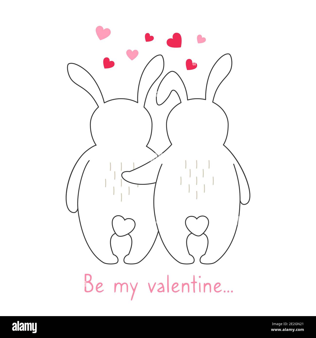 Happy valentines Day greeting card with animal rabbit hug and love. Draw  doodle cartoon style. Romantic