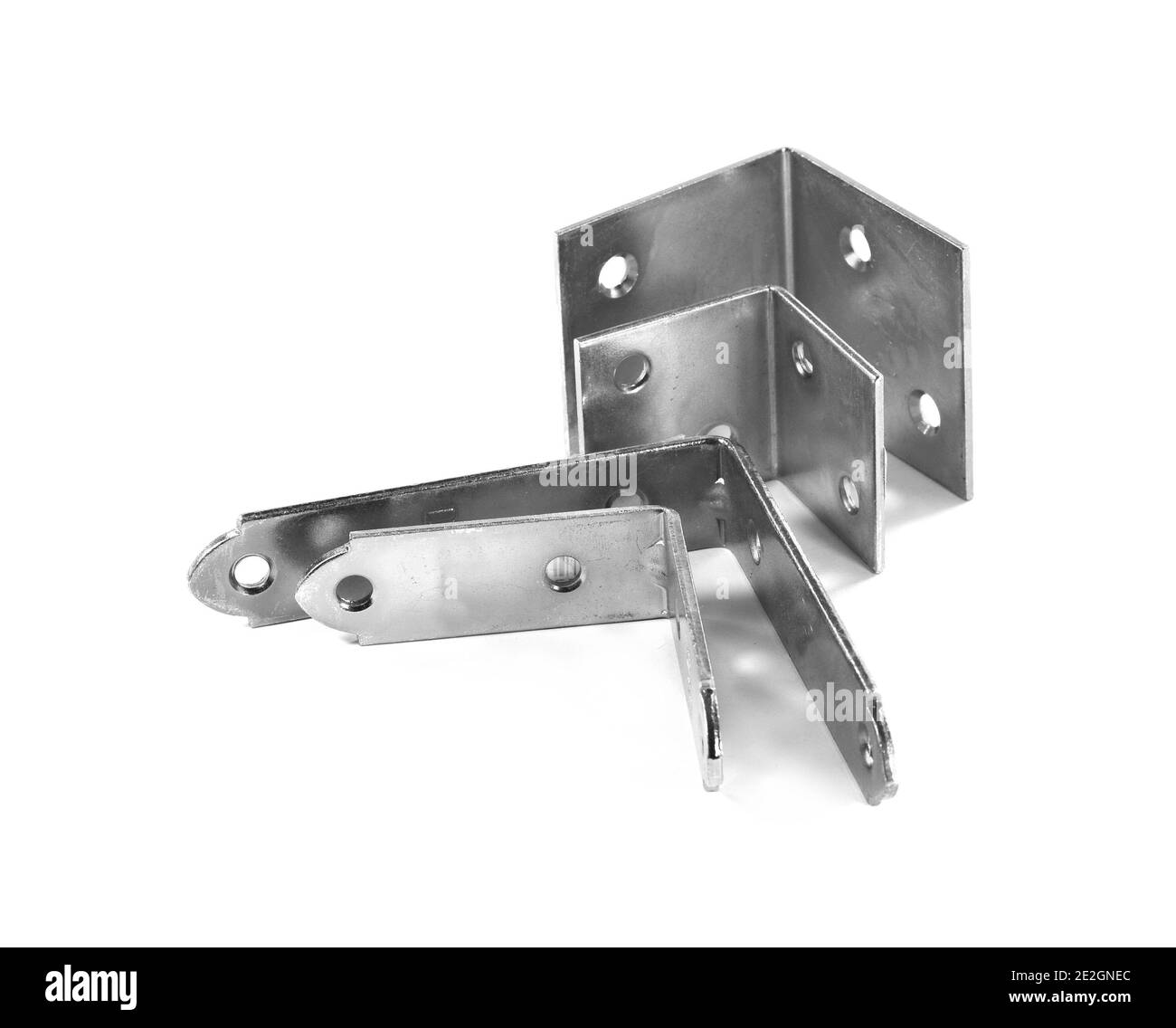 Mounting angle metal brackets isolated on white background. Stock Photo