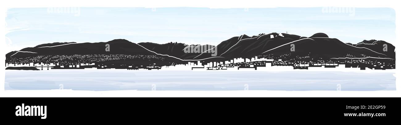 North shore mountains in Vancouver British Columbia, Canada. Panorama illustration with view from East Vancouver, overseeing North  and West Vancouver. Stock Vector