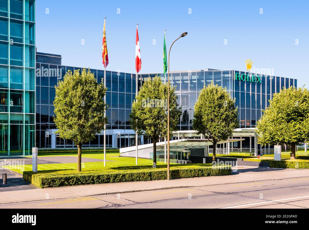 Entrance of the headquarters of Rolex, the swiss brand of luxury watches, in Geneva. Stock Photo