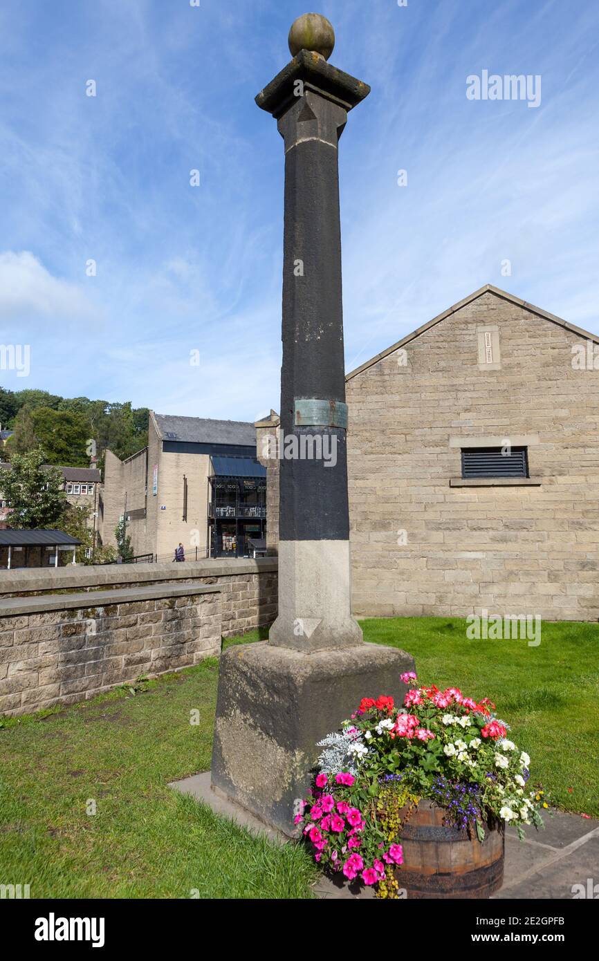 Stone column in Towngate, Holmfirth, West Yorkshire, marking the short lived Peace of Amiens dated 1801 during the Napoleonic wars Stock Photo