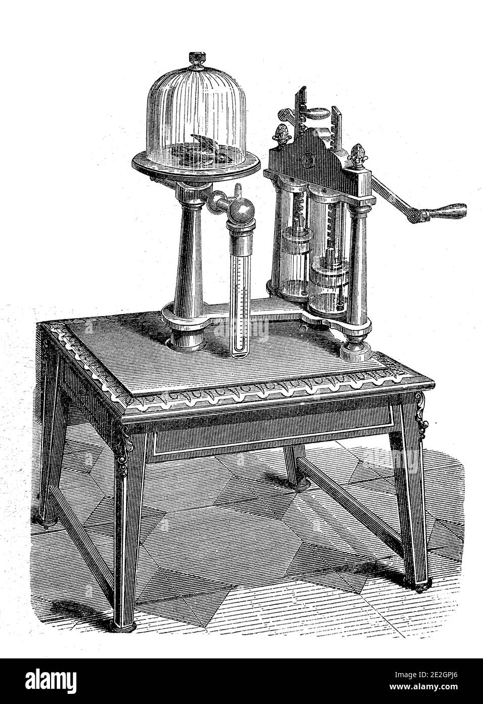 Two-stemmed air pump from the year 1870  /  Zweistielige Luftpumpe aus dem Jahre 1870, Historisch, historical, digital improved reproduction of an original from the 19th century / digitale Reproduktion einer Originalvorlage aus dem 19. Jahrhunder Stock Photo