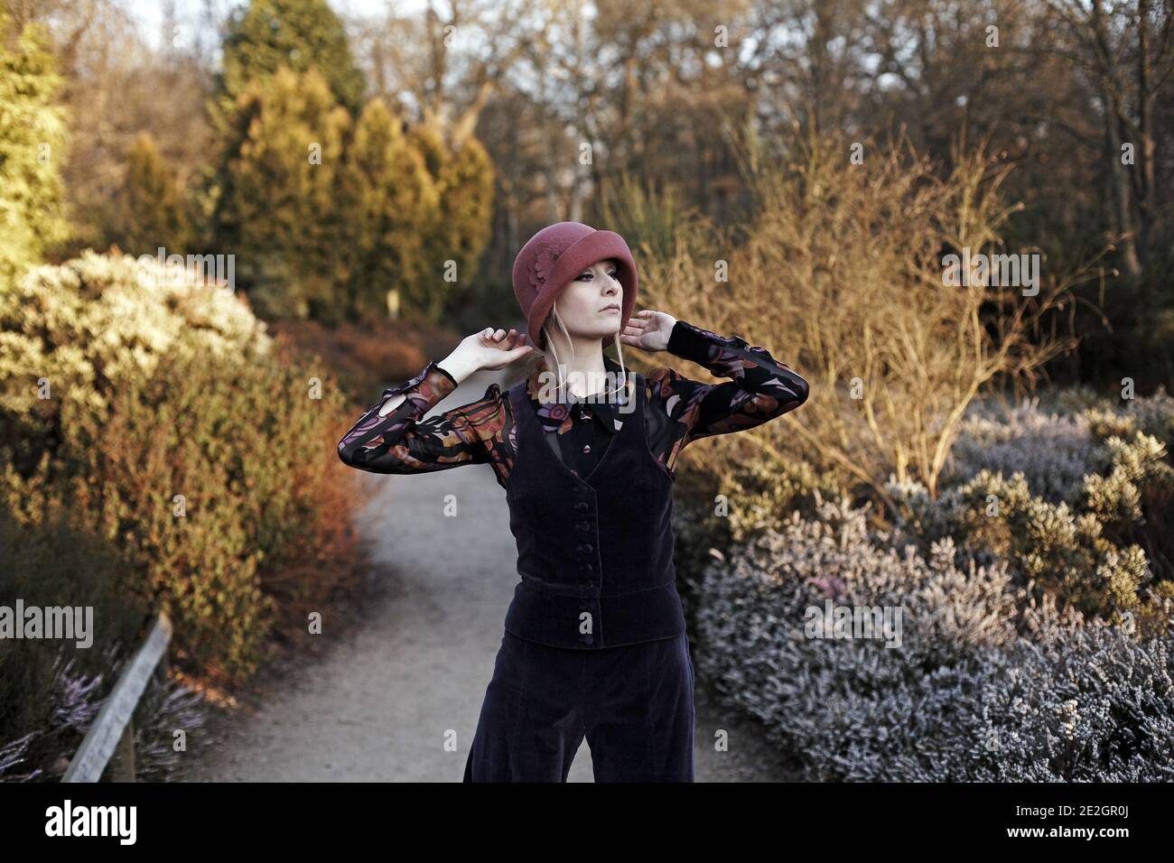 Model wearing all vintage Biba velvet and silk ensemble 1970-71. Stock Photo