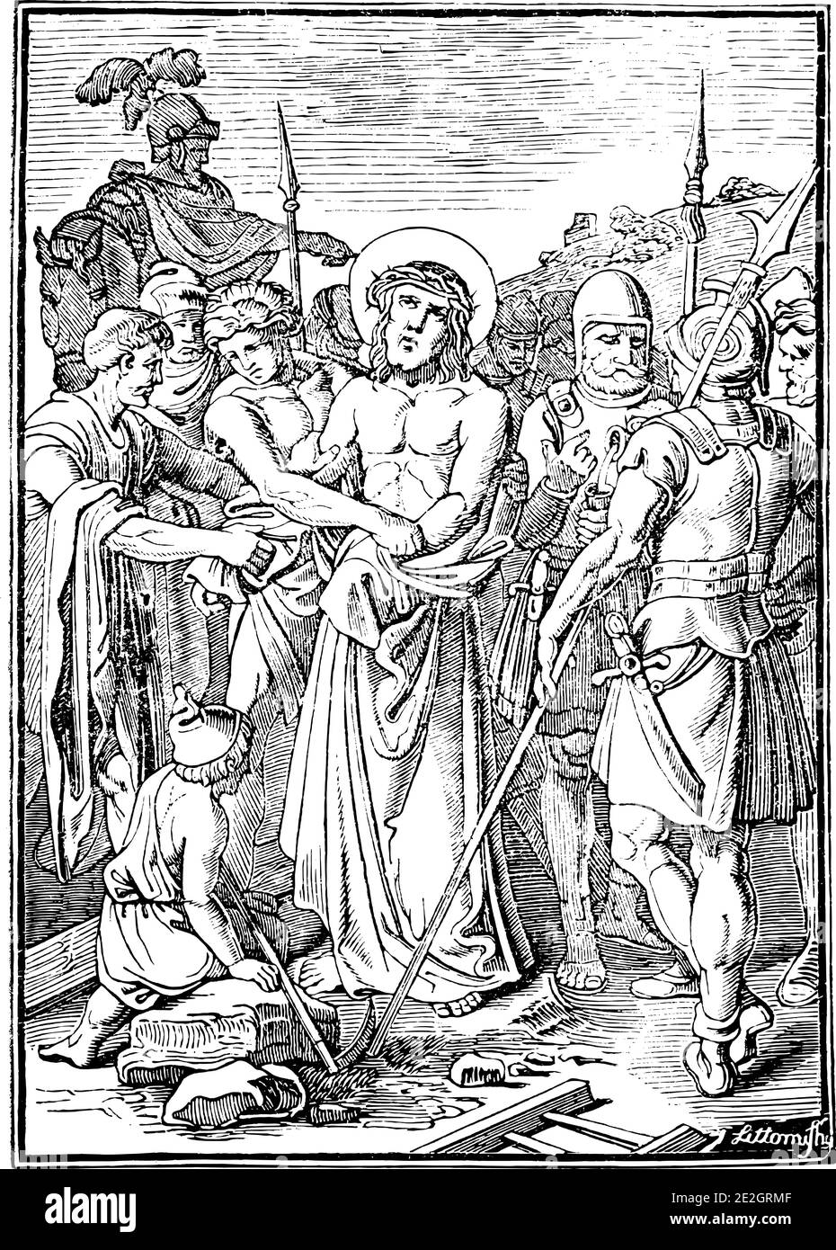10th or tenth Station of the Cross or Way of the Cross or Via Crucis. Jesus is stripped of his clothes.Bible,New Testament.Antique vintage biblical religious engraving or drawing. Stock Vector