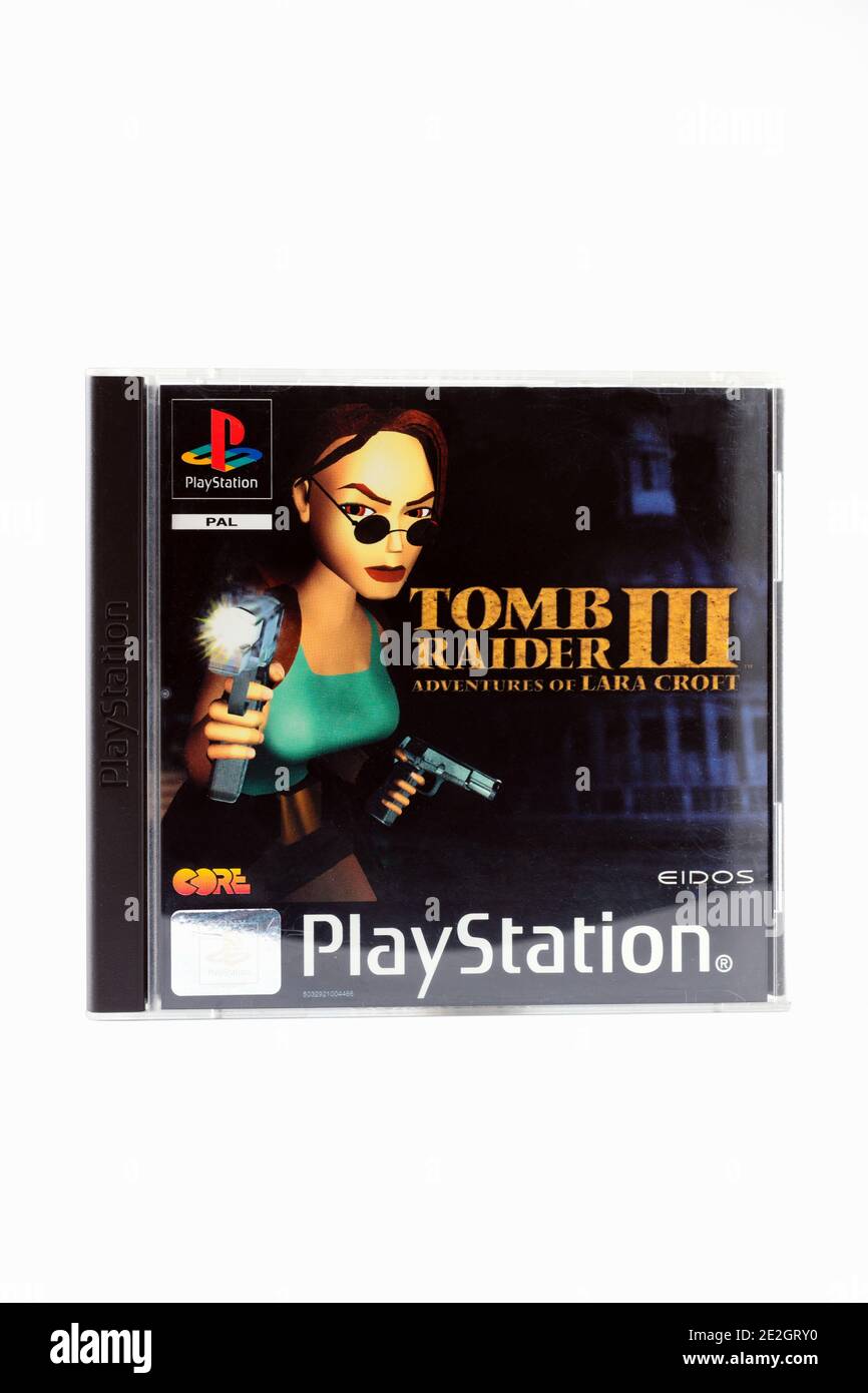 An original Tomb Raider Three Playstation One game published in 1998 an action adventure video game developed by Core Design and published by Eidos Stock Photo