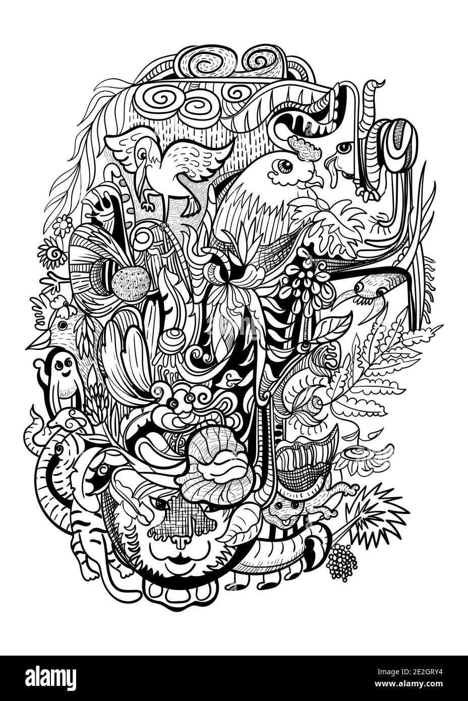 Drawing abstract pattern of nature, animal and plant, black and white