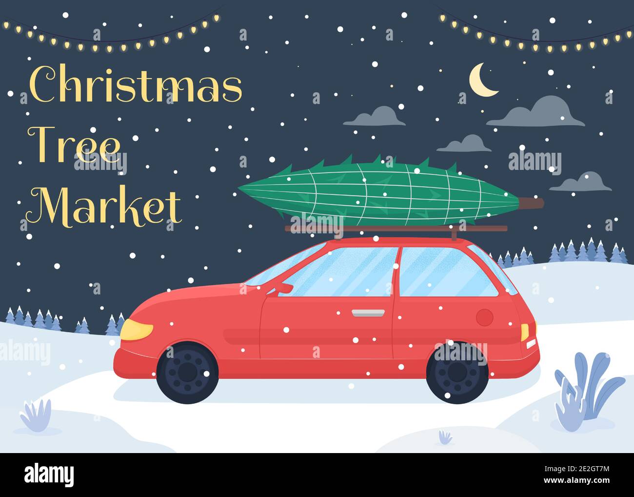 Christmas tree market poster flat vector template Stock Vector