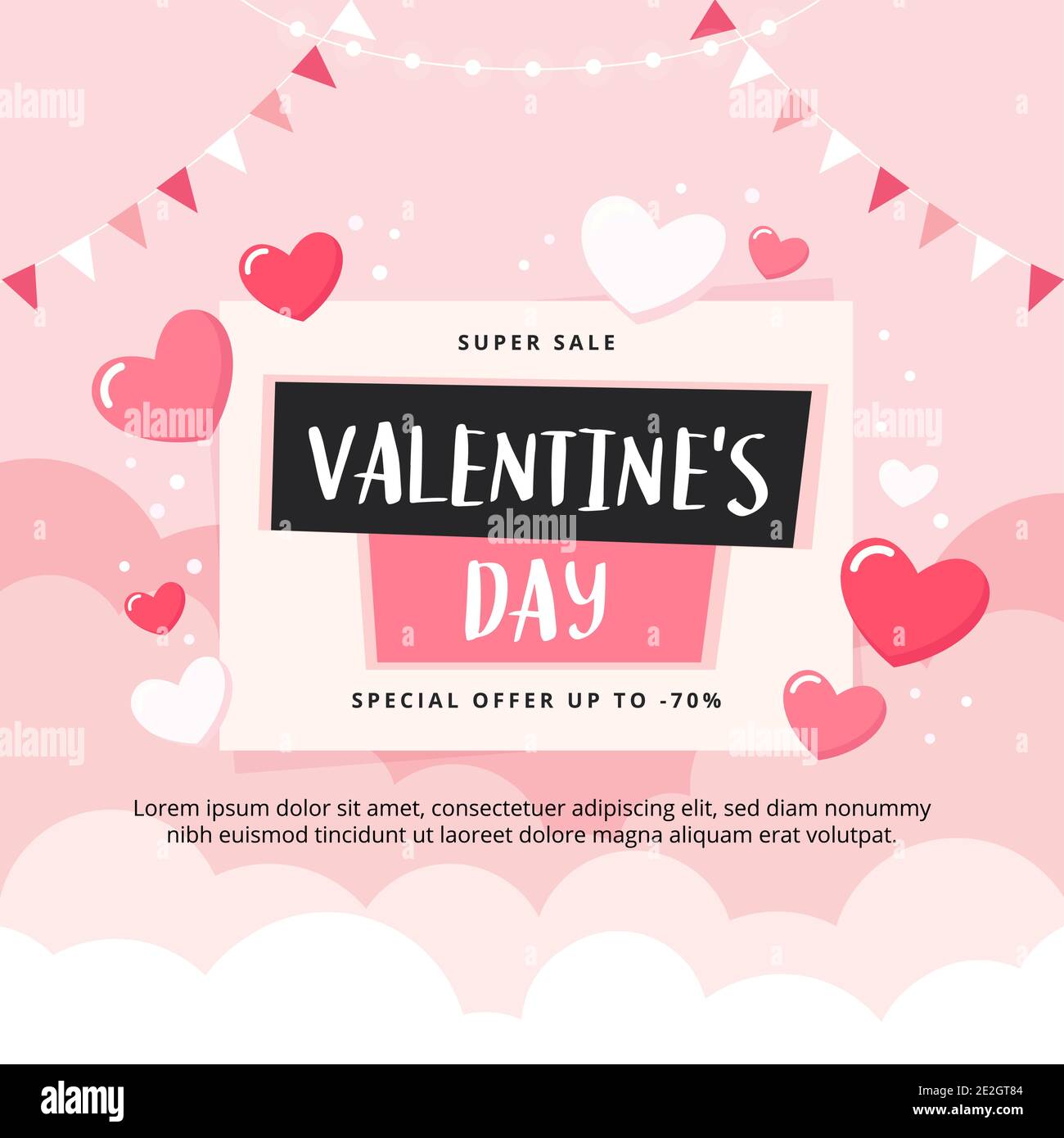 Valentine's Day sale banner with clouds and hearts. Vector illustration ...