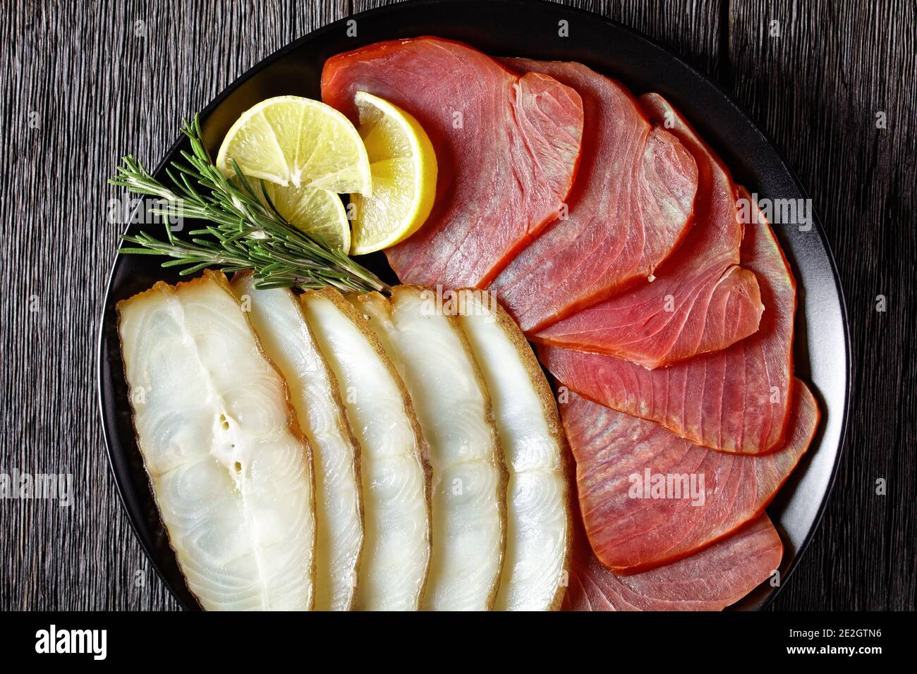 Smoked fish appetizer plate cold smoked halibut and cold smoked tuna