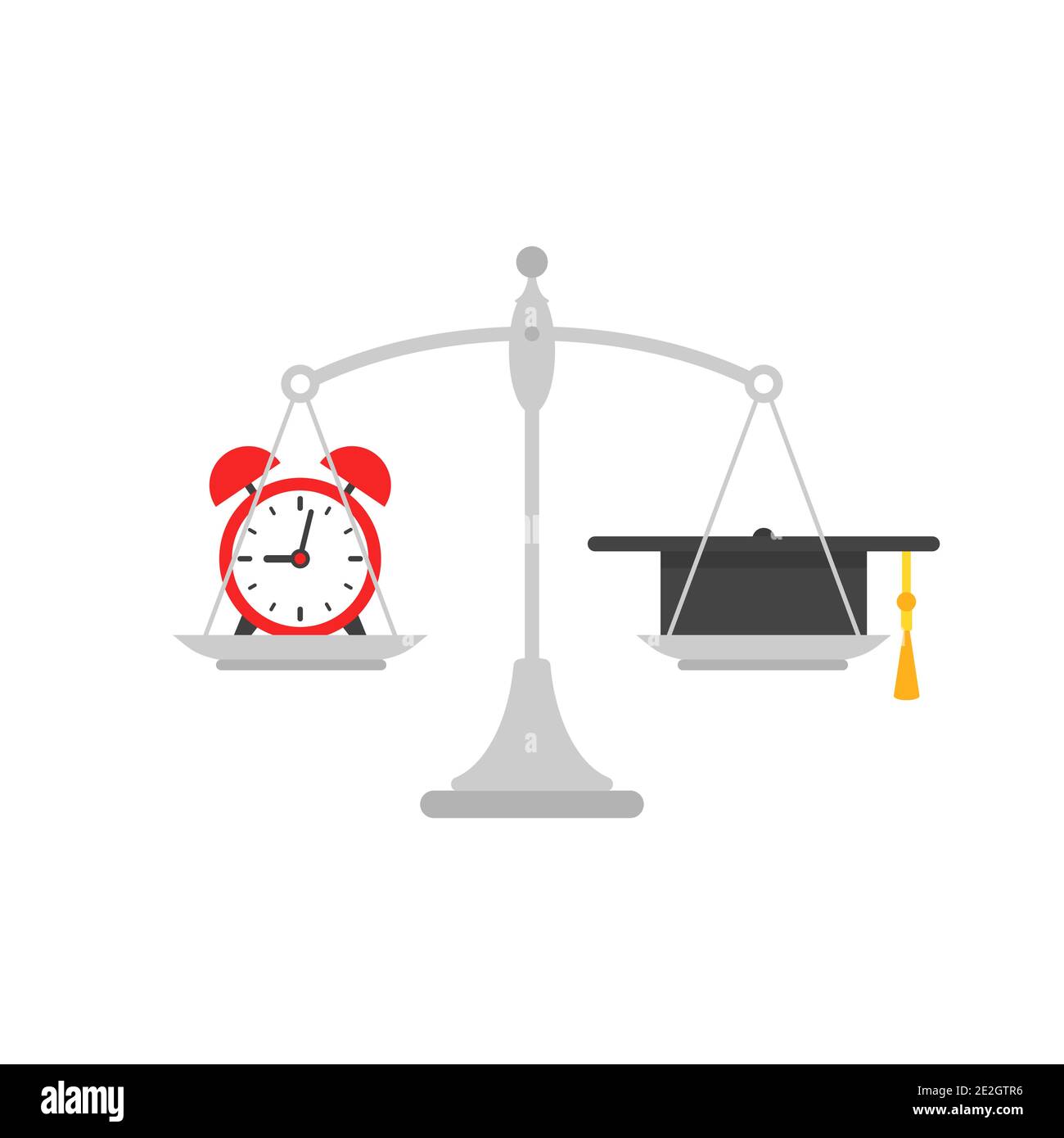 White mechanical scales with clock and mortar board in pans. Education