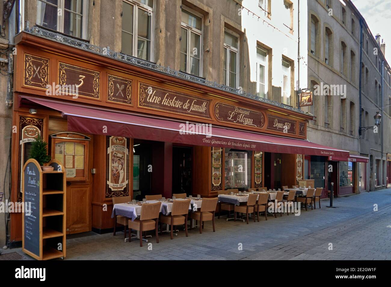 France, Moselle department, Metz city, Lorraine;Grand Est administrative region, An old traditional elegant restaurant with its woodwork façade in the Stock Photo