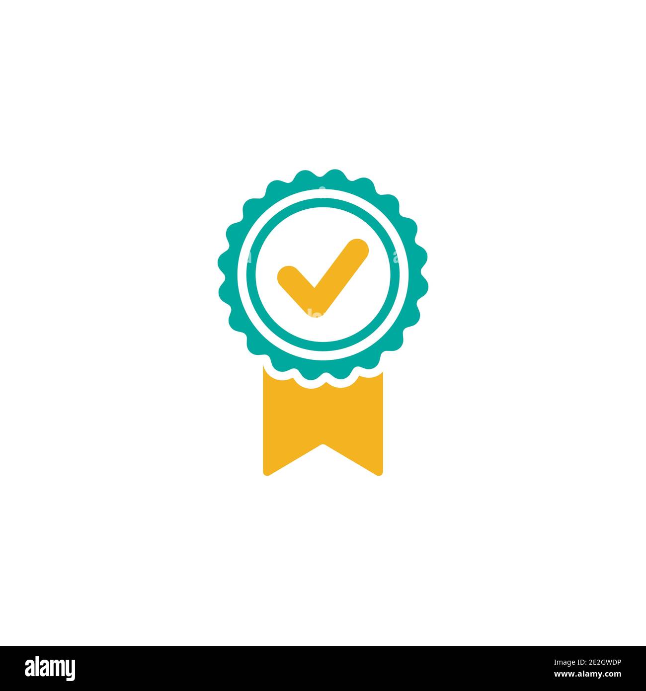 Valid Seal icon. Green and blue circle with ribbon and white tick. Quality guarantee. Flat OK sticker icon. Isolated on white. Medal, best product but Stock Vector