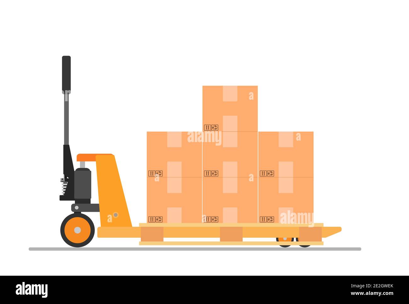 Hand pallet truck with cardboard box Stock Vector